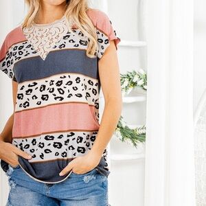 Women's Pink and Blue/Grey Leopard Print Top